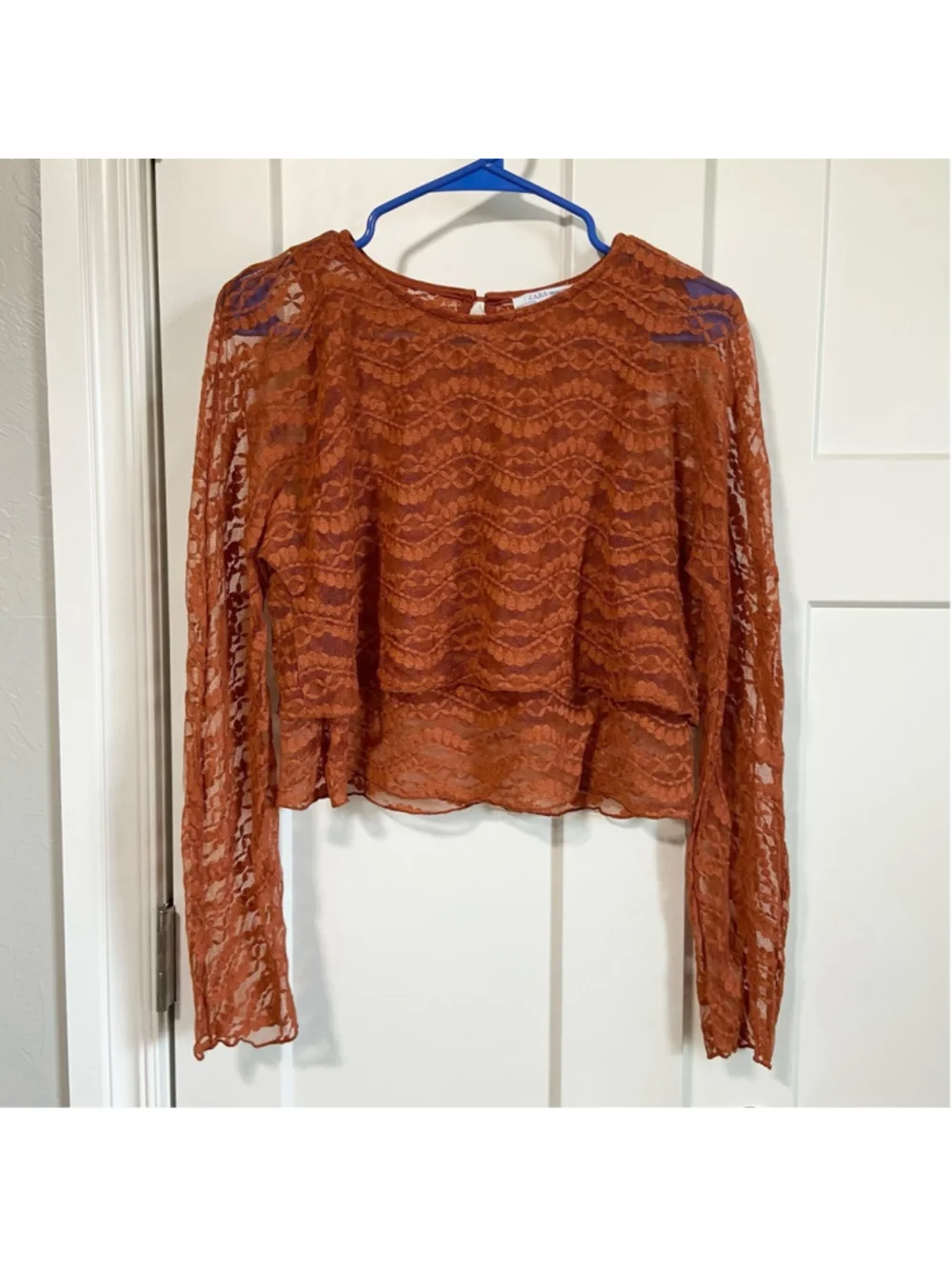 Zara sheer cropped long sleeve rust color size medium
